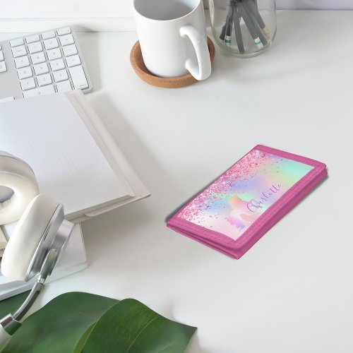 Unicorn pink purple glitter dust monogram name trifold wallet