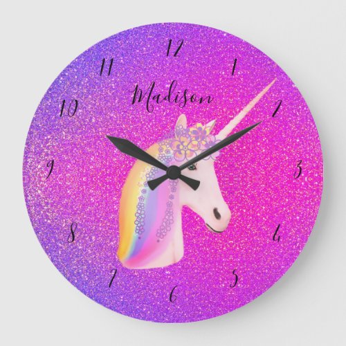 Unicorn Pink Purple Glitter Girls Personalized Large Clock