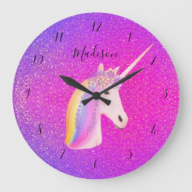 Unicorn Pink Purple Glitter Girls Personalized Large Clock (Front)