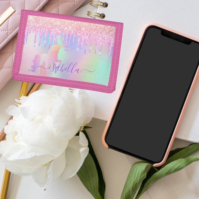Unicorn pink purple glitter monogram name girl trifold wallet (Creator Uploaded)