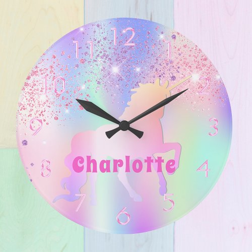 Unicorn pink purple glitter name girl large clock