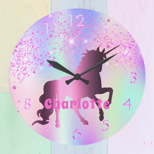 Unicorn pink purple glitter name girl large clock