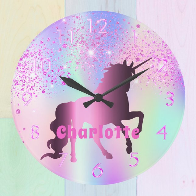 Unicorn pink purple glitter name girl large clock (Creator Uploaded)