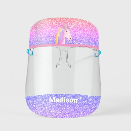 Unicorn Pink Purple Glitter Ombre Personalized Kids' Face Shield
