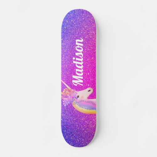 Unicorn Pink Purple Glitter Sparkles Personalized Skateboard