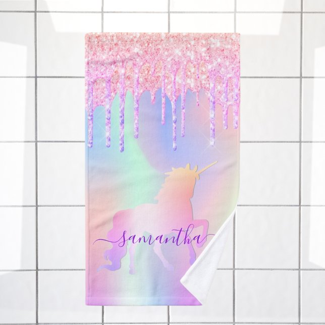Unicorn pink purple holographic name hand towel  (Creator Uploaded)