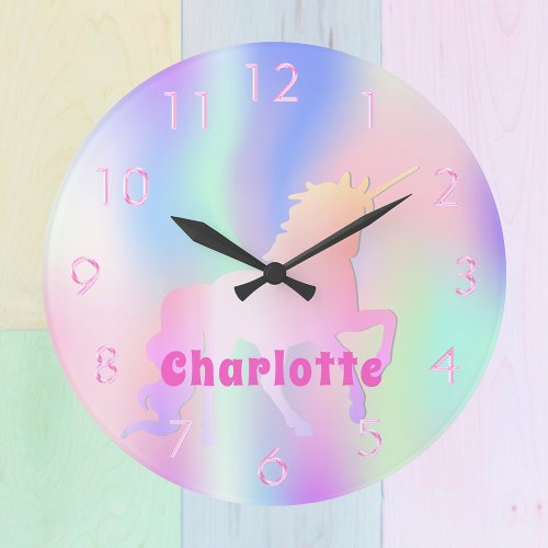 Unicorn pink purple name girl magical large clock