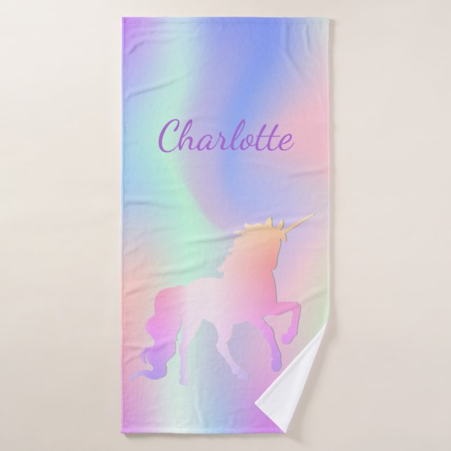 Unicorn pink purple name holographic girl bath towel (Bath Towel)