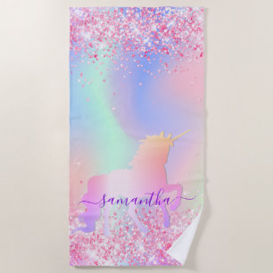 Unicorn pink purple name holographic girl beach towel