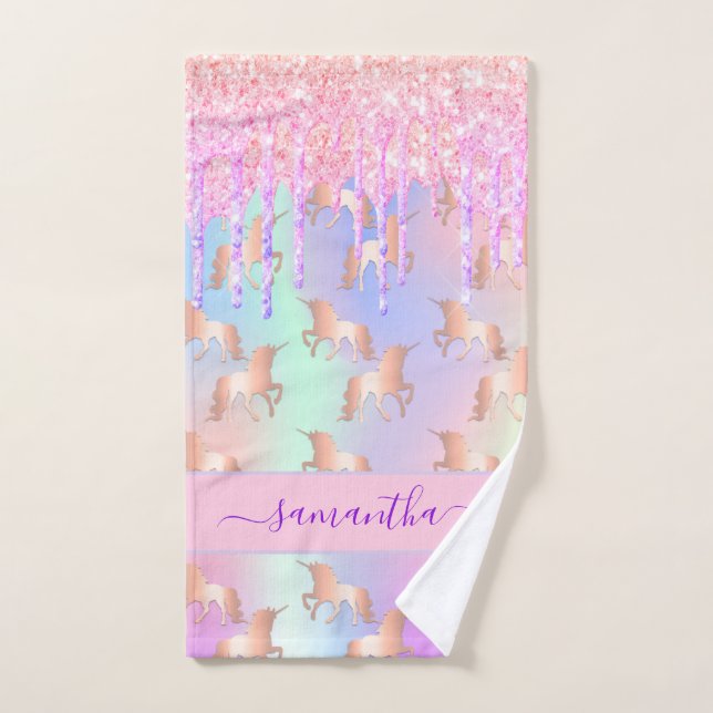 Unicorn pink purple name holographic hand towel  (Hand Towel)