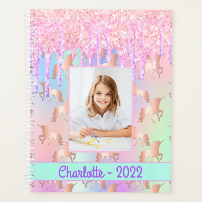 Unicorn pink purple name photo holographic 2025 planner (Front)
