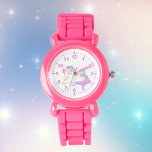 Unicorn pink purple white girly cute watch<br><div class="desc">A magical cute sleeping unicorn in white,  purple,  pink,  yellow pastels. With a bit of turquoise.  White background.  pink colored numbers.</div>