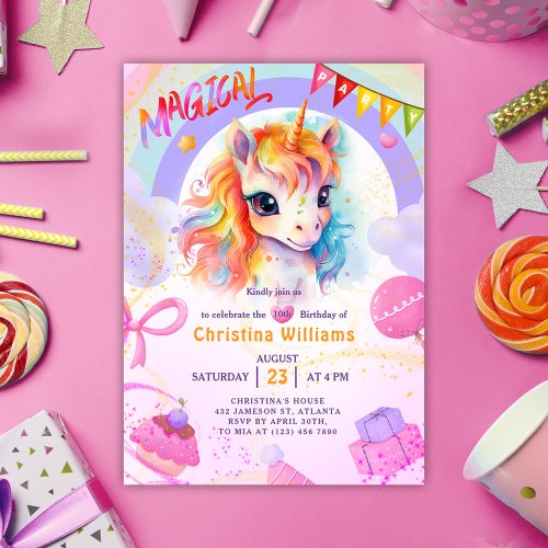 Unicorn Pink Rainbow Birthday Invitation