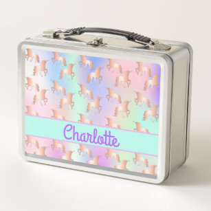 Unicorn pink rainbow color shiny monogram metal lunch box