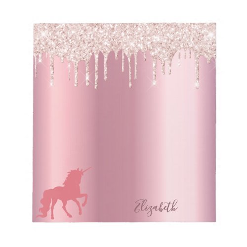 Unicorn pink rose gold glitter drips metallic name notepad