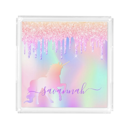 Unicorn pink rose gold glitter iridescent sparkle acrylic tray