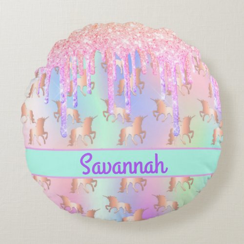 Unicorn pink rose gold glitter monogram girl round pillow