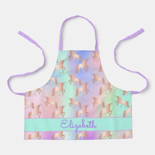 Unicorn pink rose gold rainbow mint green name apron