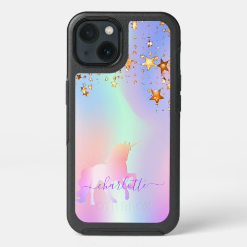 Unicorn pink rose gold stars holographic name iPhone 13 case