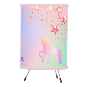Unicorn pink rose gold stars monogram holographic tripod lamp