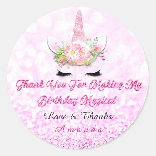 Unicorn Pink Rose Party Favor Thank You Sweet 16th Classic Round Sticker