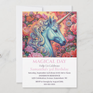 Unicorn Pink Roses Party 3rd Birthday Invitation