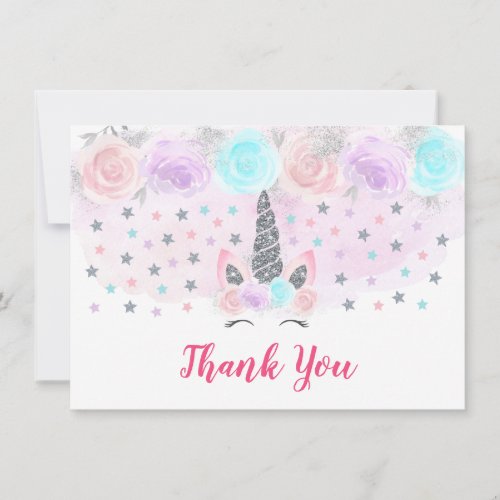 Unicorn Pink  Silver Baby Shower Thank You