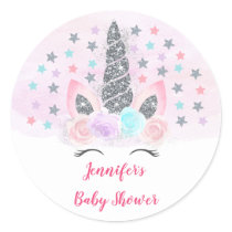 Unicorn Pink & Silver Magical Baby Shower Classic Round Sticker