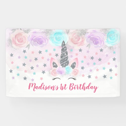 Unicorn Pink  Silver Magical Birthday Banner