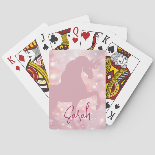 Unicorn pink sparkling bokeh lights name trendy poker cards (Back)