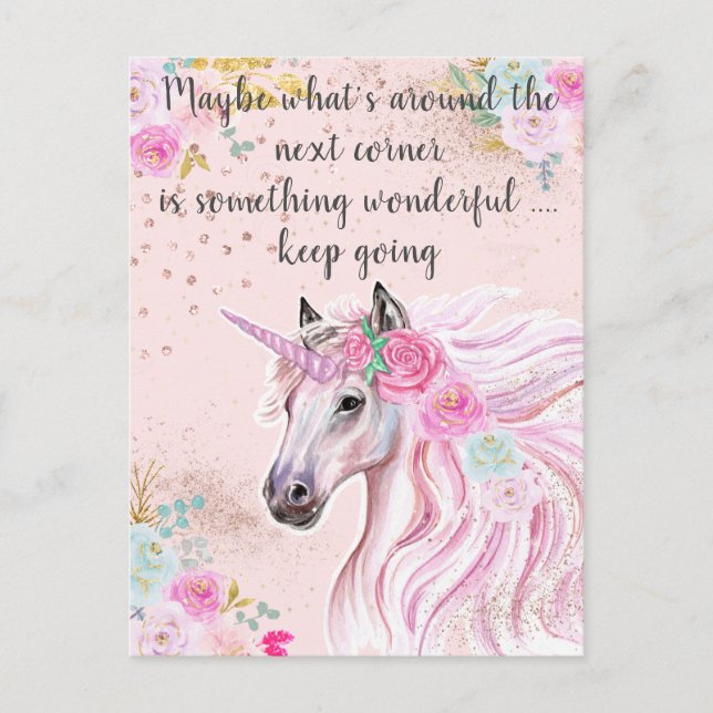 Unicorn Pink Teal Floral Gold Glitter Quote Postcard (Front)