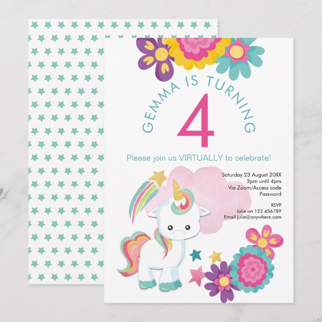 Unicorn Pink Teal Girl 4th Virtual Birthday Party Invitation (Front/Back)