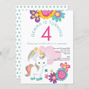 Unicorn Pink Teal Girl 4th Virtual Birthday Party Invitation