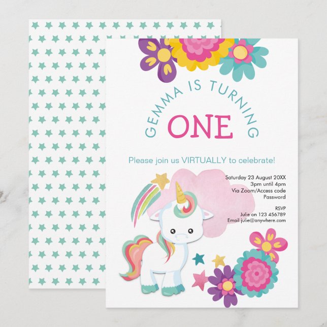 Unicorn Pink Teal Girl Virtual 1st Birthday Party Invitation (Front/Back)