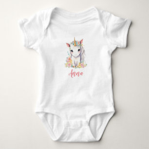 Unicorn pink watercolor girl baby bodysuit