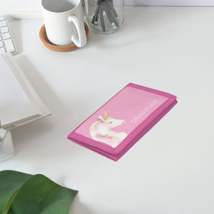 Unicorn pink white cute name girl tri-fold wallet