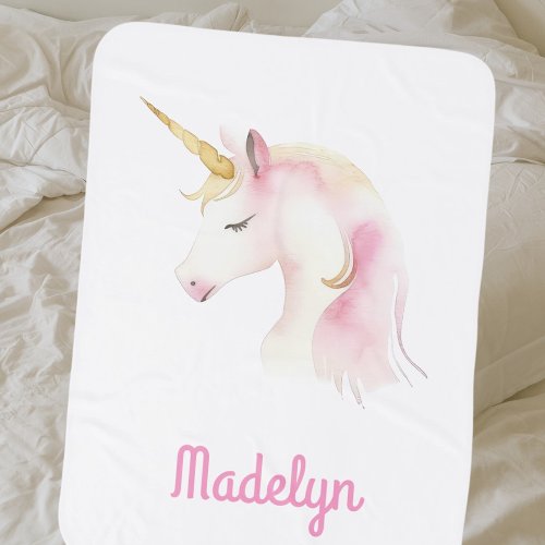 Unicorn pink white name baby blanket