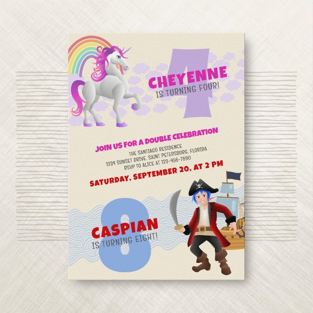 Unicorn Pirate Joint Double Birthday Invitation (Creator Uploaded)