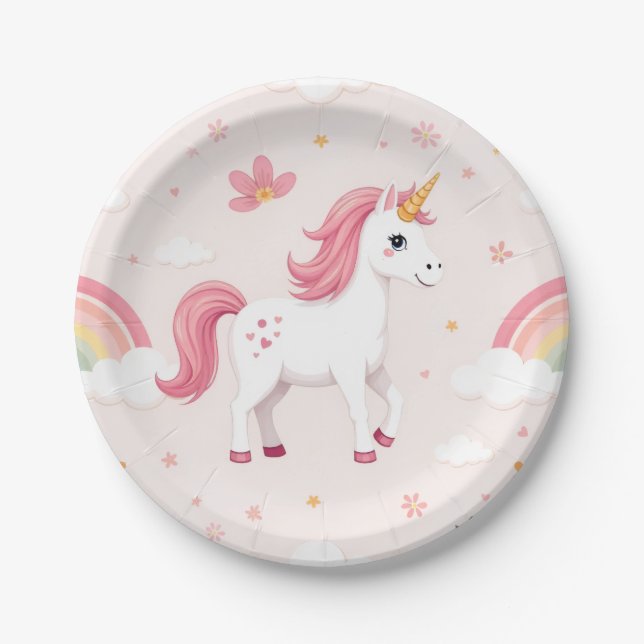 Unicorn Plates, Rainbows, Flowers, Party Paper Plates (Front)