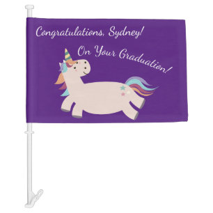 Unicorn Playing Running Graduation Graduate Car Flag