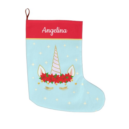 Unicorn Poinsettia Flowers  Stars on Light Blue Large Christmas Stocking