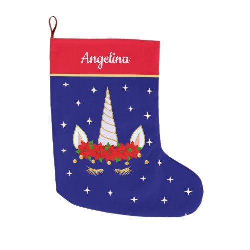 Unicorn Poinsettia Flowers  Stars on Navy Blue Large Christmas Stocking