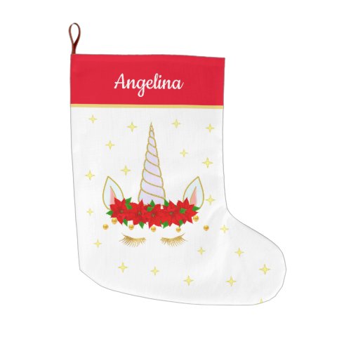 Unicorn Poinsettia Flowers  Stars on Red  White Large Christmas Stocking