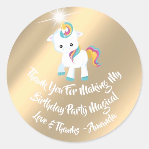 Unicorn Pony Birthday Favor Pink Rainbow Gold Classic Round Sticker