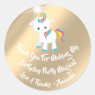 Unicorn Pony Birthday Favor Pink Rainbow Gold Classic Round Sticker