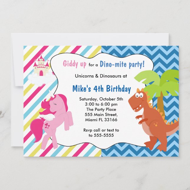 Unicorn Pony Dinosaur Invitation Birthday Party (Front)