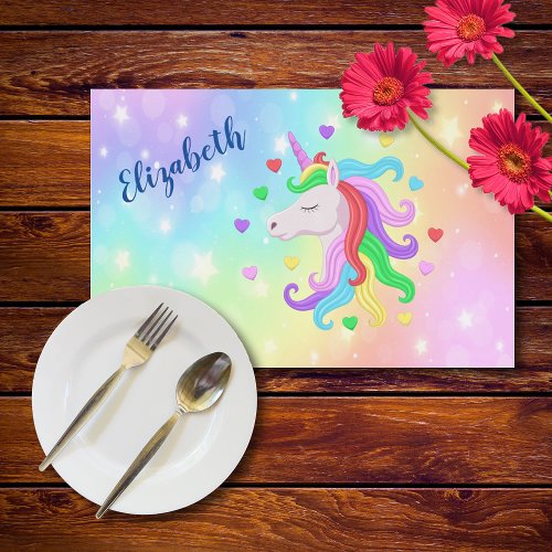 Unicorn Pony Rainbow Stars Pastel Girly Magical Placemat