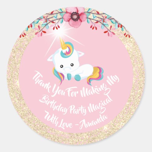 Unicorn Pony Thanks Favor Glitter Gold Sparkly Classic Round Sticker