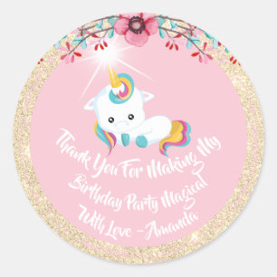 Unicorn Pony Thanks Favor Glitter Gold Sparkly Classic Round Sticker