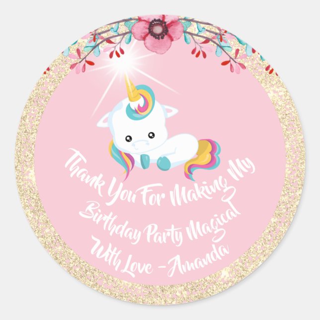 Unicorn Pony Thanks Favor Glitter Gold Sparkly Classic Round Sticker (Front)
